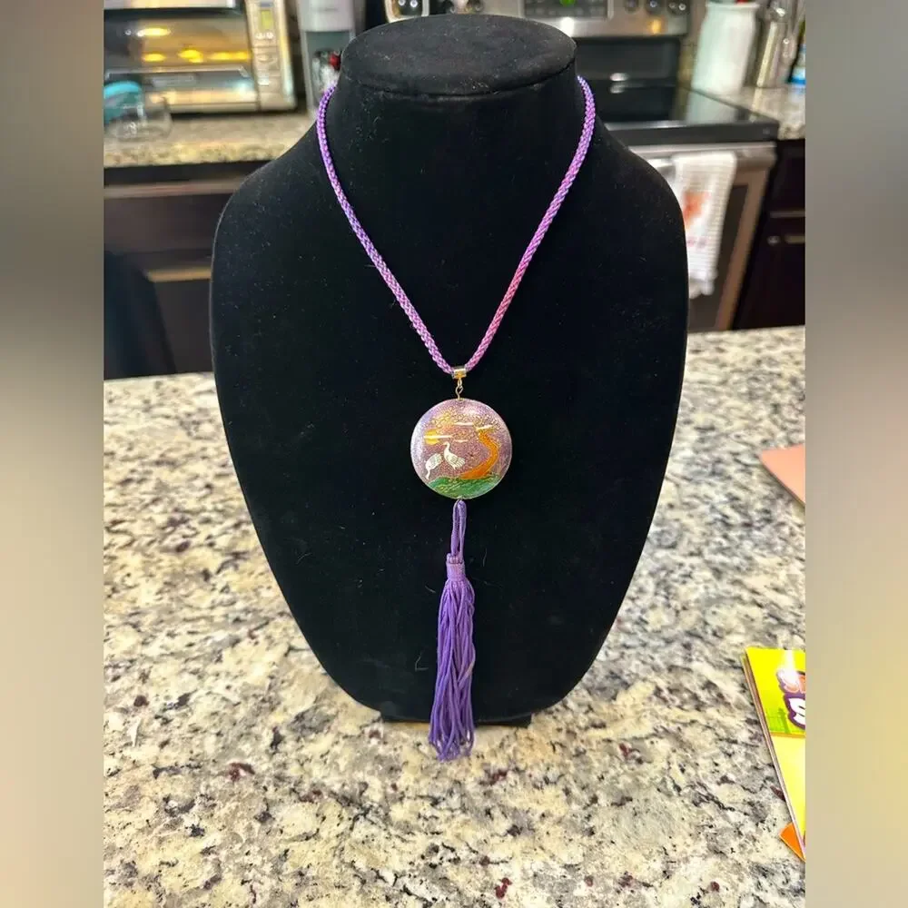 Vintage Freirich Cloisonné Purple Crane Sakura Tree DBL sided Pendant Necklace